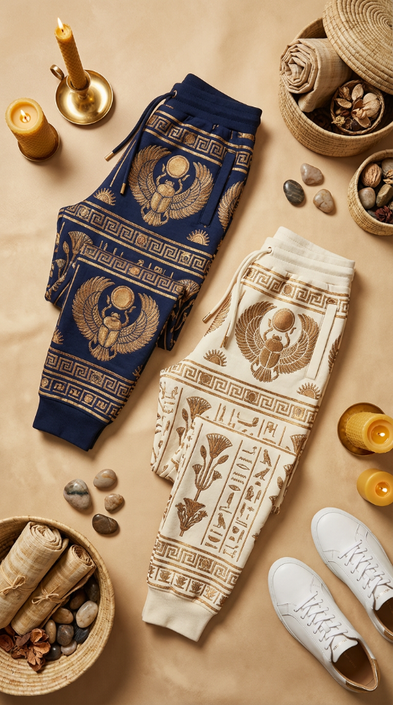 Two pairs of patterned pants on a beige surface with candles and stones.